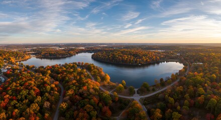 Obraz premium Stunning Autumn Lake Aerial View with Colorful Trees