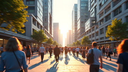 Obraz premium People walk along a bustling urban street illuminated by the warm glow of sunset, surrounded by modern buildings and lush trees creating a vibrant atmosphere
