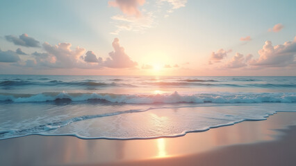Fototapeta premium A serene sunset over the ocean reveals gentle waves lapping at the shore, with pastel hues reflecting on the water's surface and clouds softly illuminated in the distance