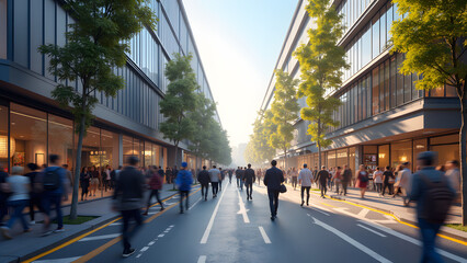 A bustling urban street scene filled with diverse crowds of people walking along a tree-lined avenue with modern buildings and shops
