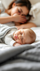 Newborn baby girl lying on the bed embraced by her mother. Selective focus on baby in background, doodle art. isolated with white shades