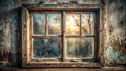 Obraz premium A weathered windowpane, framed in aged wood, reveals a glimpse of a hazy, sunlit landscape beyond