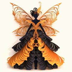 Obraz premium Elegant Black and Gold Paper Art Fairy Silhouette in Intricate Gown with Wings