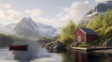 Fototapeta premium Scenic Lakeside Cabin Retreat Amidst Majestic Snow-Capped Mountains and Calm Waters