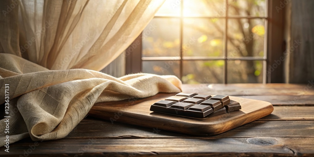 Poster a rustic wooden table with a piece of fabric and a cutting board with chocolate bars, bathed in warm