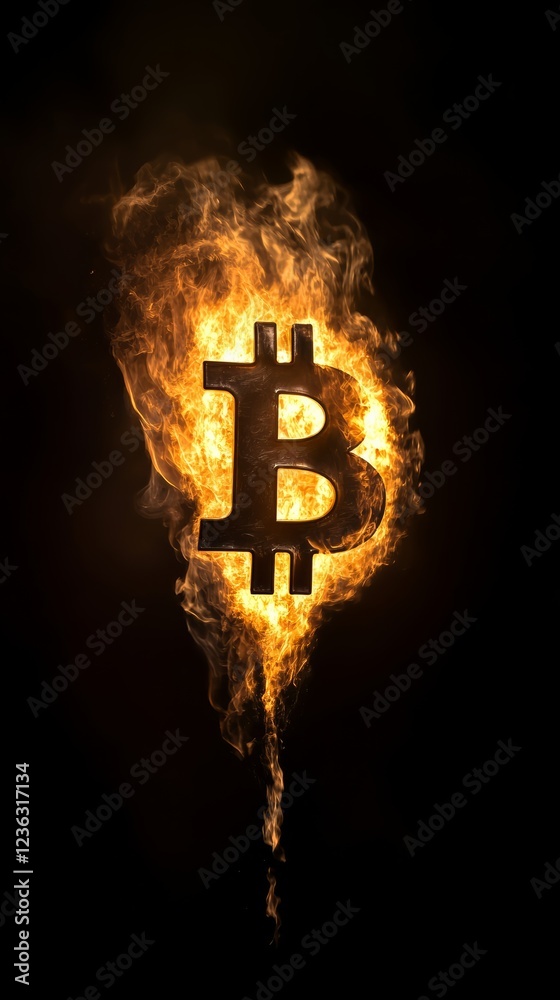 Poster bitcoin digital currency symbol burning in bright flames on a black background representing the vola