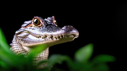 Fototapeta premium Baby alligator portrait, dark background, green foliage