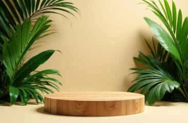 Fototapeta premium Circle wood podium in tropical forest for product presentation and cream color background. High quality photo