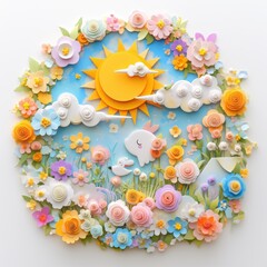 Whimsical Paper Craft Sun Flowers Animals Springtime Scene Cute Rabbits