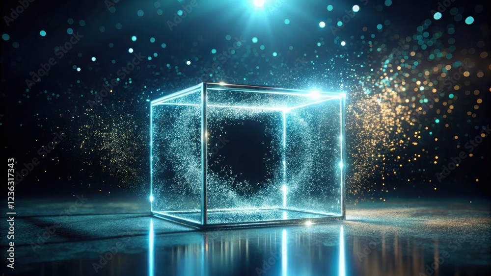 Aufkleber a glowing, transparent cube with shimmering particles inside, illuminated by a bright light on a dar