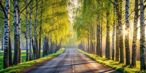 Obraz premium A sunlit road through a birch tree avenue, with fresh green leaves and a misty morning light.