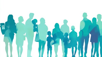 Silhouette of Diverse People Standing Together in Soft Aqua Tones