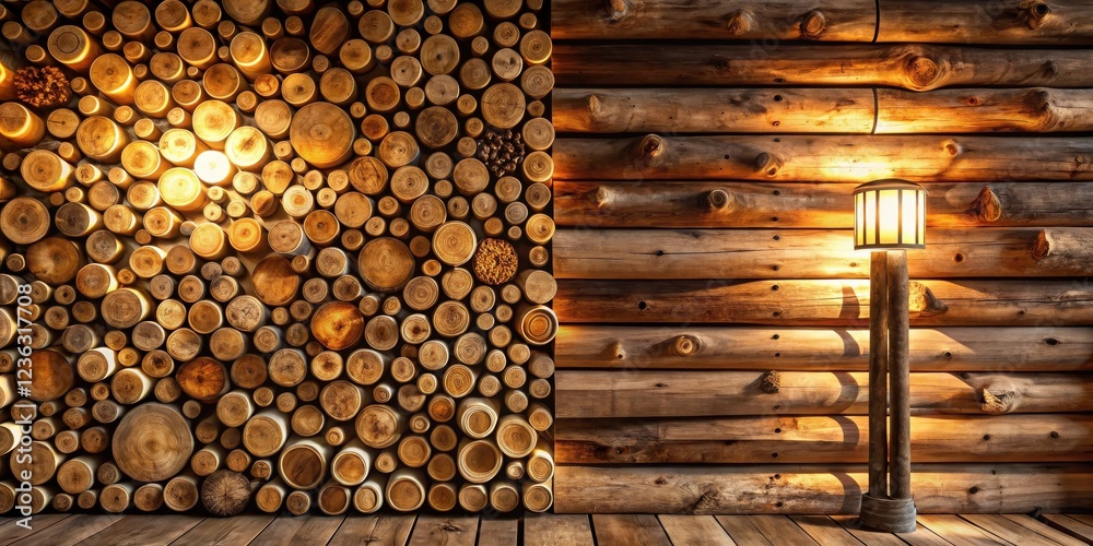 Poster a rustic wooden wall decorated with log rounds and a lamp shining warmly on the floor