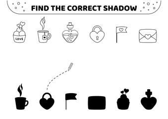 Valentines day elements. Shadow matching game. Black and white. Find the correct shadow. Isolated vector illustration eps 10
