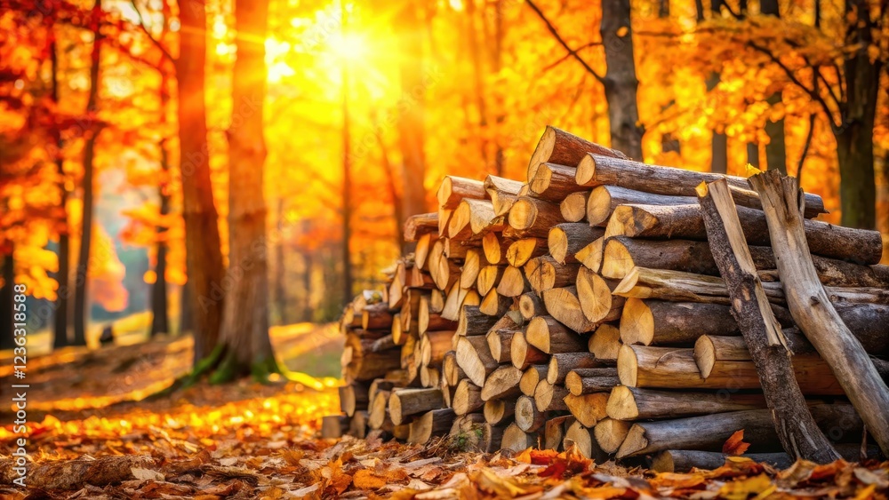 Poster a stack of firewood logs in a golden autumn forest, sunlight filtering through the trees