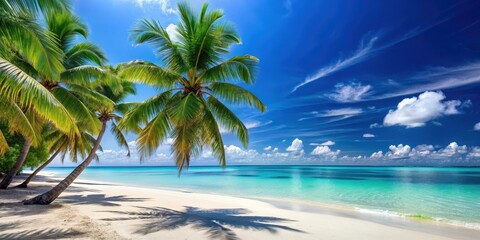 Serene sunny day at a tropical beach with palm trees swaying in the gentle breeze, surrounded by crystal clear blue water and powdery white sand , turquoise, horizon