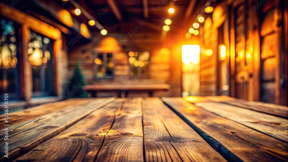 Poster Rustic wooden table with warm lighting and a blurred backdrop of a log cabin, perfect for showcasing products or creating a cozy atmosphere.