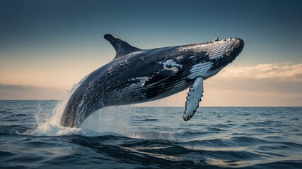 Humpback Whale Breaching Ocean Sunset
