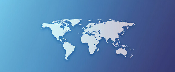 White world map silhouette on a smooth gradient blue background, symbolizing geography, global connections, and international travel.