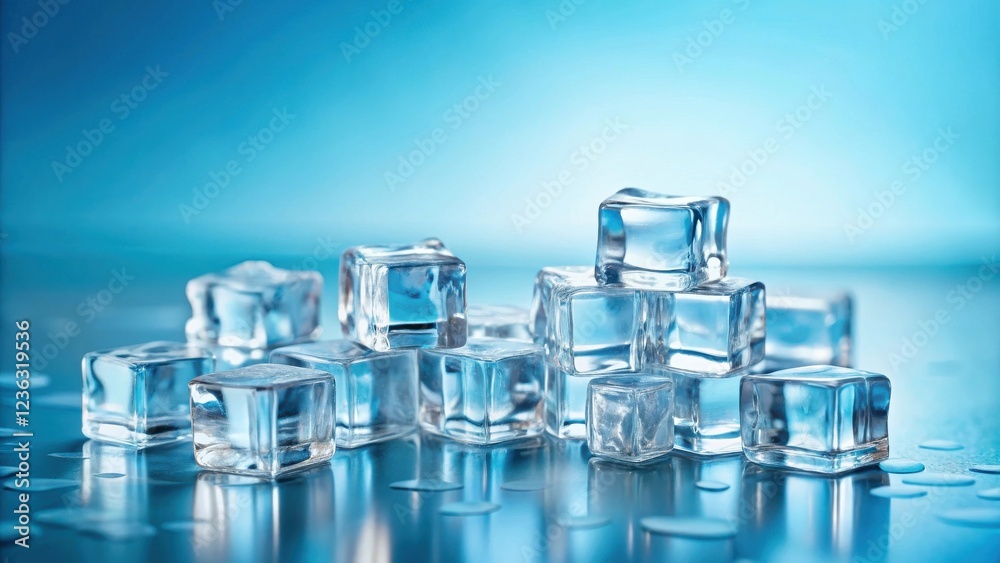 Aufkleber A cluster of crystal-clear ice cubes stacked and scattered on a smooth, reflective surface, illuminated by soft, cool light.