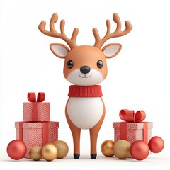 Adorable 3D Rendered Reindeer with Christmas Gifts and Ornaments