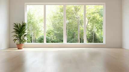 Fototapeta premium Sunny room, large window, forest view, empty interior design