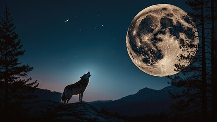 Wolf Howling at Night,Full Moon,Mountains