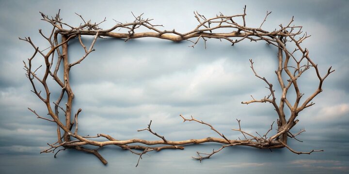 A skeletal frame of bare branches forming a rectangle against a cloudy sky, a minimalist composition symbolizing resilience and endurance