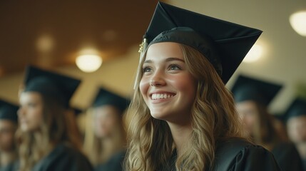 Happy graduate smiles at ceremony, auditorium background