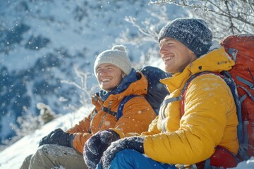 Two outdoor enthusiasts sit on top of a snowy mountain, enjoying the view and each other's company. They are wearing backpacking gear and have camping equipment nearby.