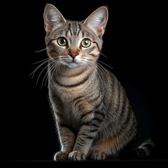 Obraz premium Cat with green eyes is sitting on a black surface. Minimalistic background.
