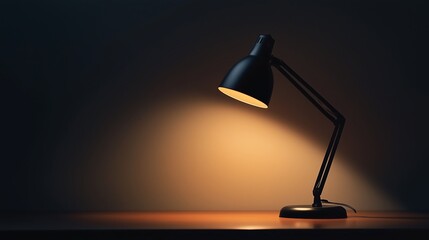 A minimalist black desk lamp casting a focused beam of light onto an empty table in a dim room, dramatic contrast of light and shadow
