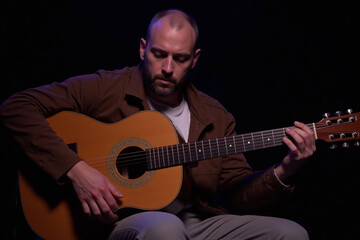 Obraz premium man, beard, playing, acoustic, guitar, live, music, performance