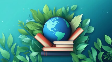 Books Stacked Under a Globe Surrounded by Green Leaves Symbolizes Environmental Awareness and Education in a Modern Design