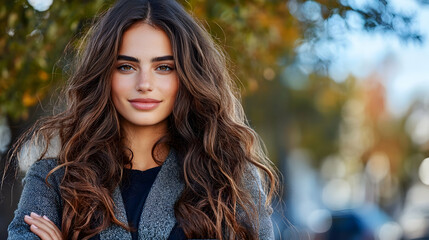 Naklejka premium Woman, autumn, park, portrait, confident, beauty, outdoor, lifestyle
