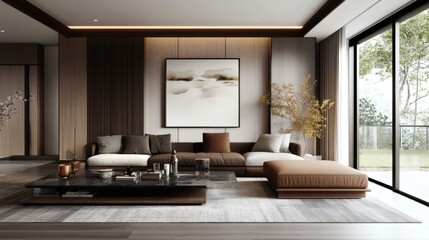 Modern Minimalist Living Room Interior Design with Brown and Beige Tones