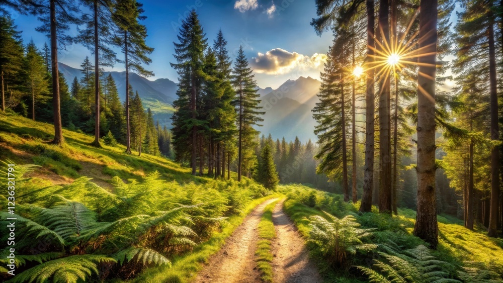 Poster a sunlit forest path winds through a verdant valley with towering pine trees and a distant mountain 