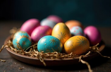 Fototapeta premium vibrant floral decorated easter eggs on green foliage - concept of easter decor, spring celebration, festive crafts