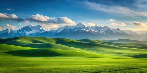 Rolling Green Hills Against a Dramatic Mountain Range Under a Cloudy Sky
