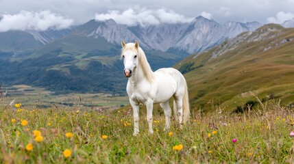 Obraz premium Majestic white horse in mountain meadow