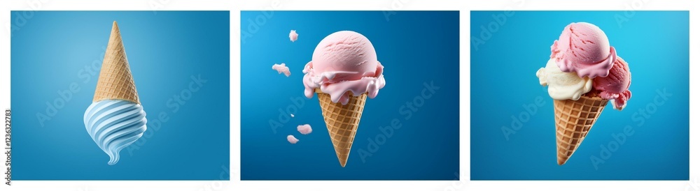 Aufkleber three ice cream cones on a blue background. one cone is melting, another has pink ice cream, and the
