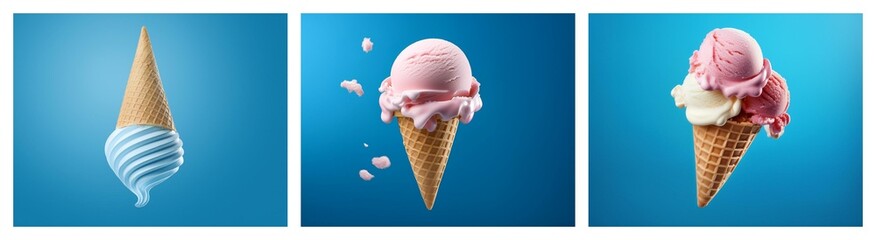 Three ice cream cones on a blue background.  One cone is melting, another has pink ice cream, and the third has two scoops of strawberry and vanilla.