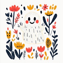 Happy Ghost in a Floral Garden Cute Halloween Illustration with Flowers
