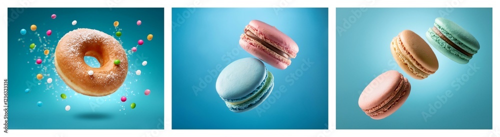 Poster a vibrant image showcasing a donut and macarons floating against a blue backdrop. sweet treats suspe