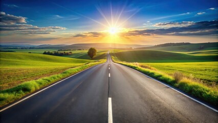 Fototapeta premium A winding asphalt road stretches through a picturesque landscape, leading towards a sun-drenched horizon, with rolling green hills and a vibrant sky filled with clouds
