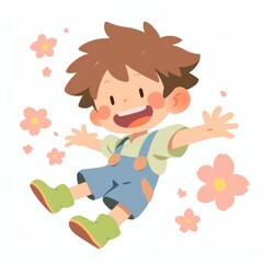 Happy Toddler Boy Joyfully Leaping Spring Flowers Cartoon Illustration