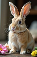 Obraz premium rabbit gazing at camera on grassy field with lovely flower beside - concept of pet care, animal therapy, nature conservation