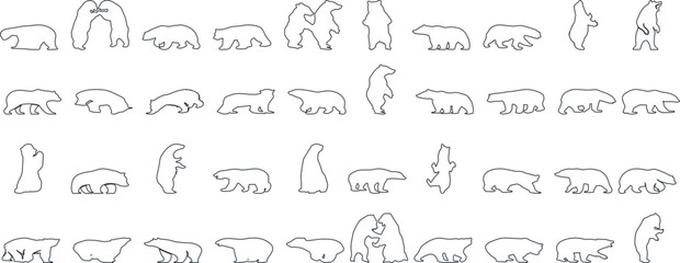 Bear silhouette, various poses of bear, standing, walking, sitting, wildlife, nature, animal, black, outline, wild, mammal, grizzly bear collection