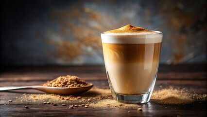 A Glass of Creamy Coffee with a Sprinkle of Cinnamon on Top,  Resting on a Rustic Wooden Table Surrounded by Loose Grains