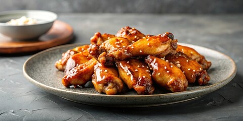 A Plate of Golden Brown Chicken Wings Glazed in Sweet and Savory Sauce, Topped with Sesame Seeds